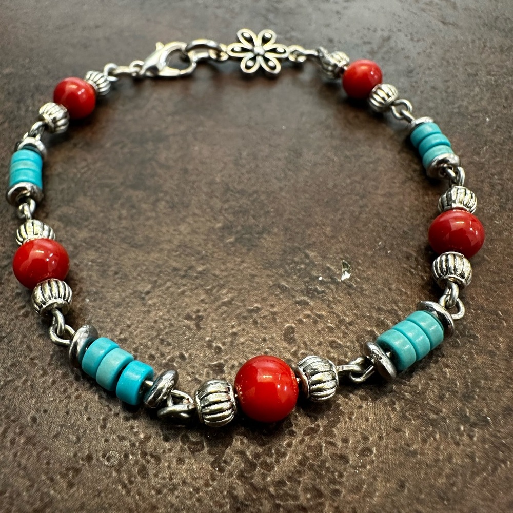 Elegant Red and Turquoise Beaded Bracelet